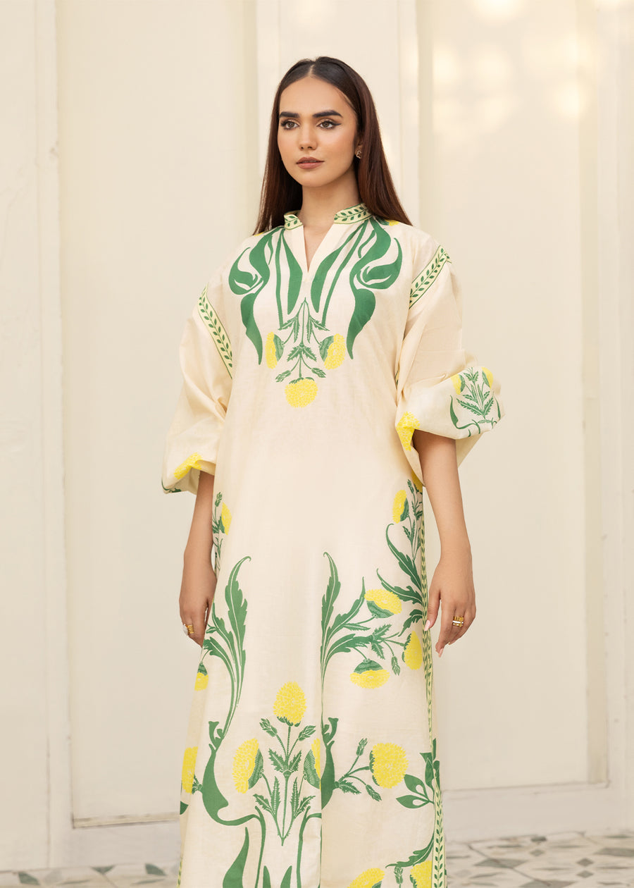 Lemon Bloom Slub Khaddar Kaftan