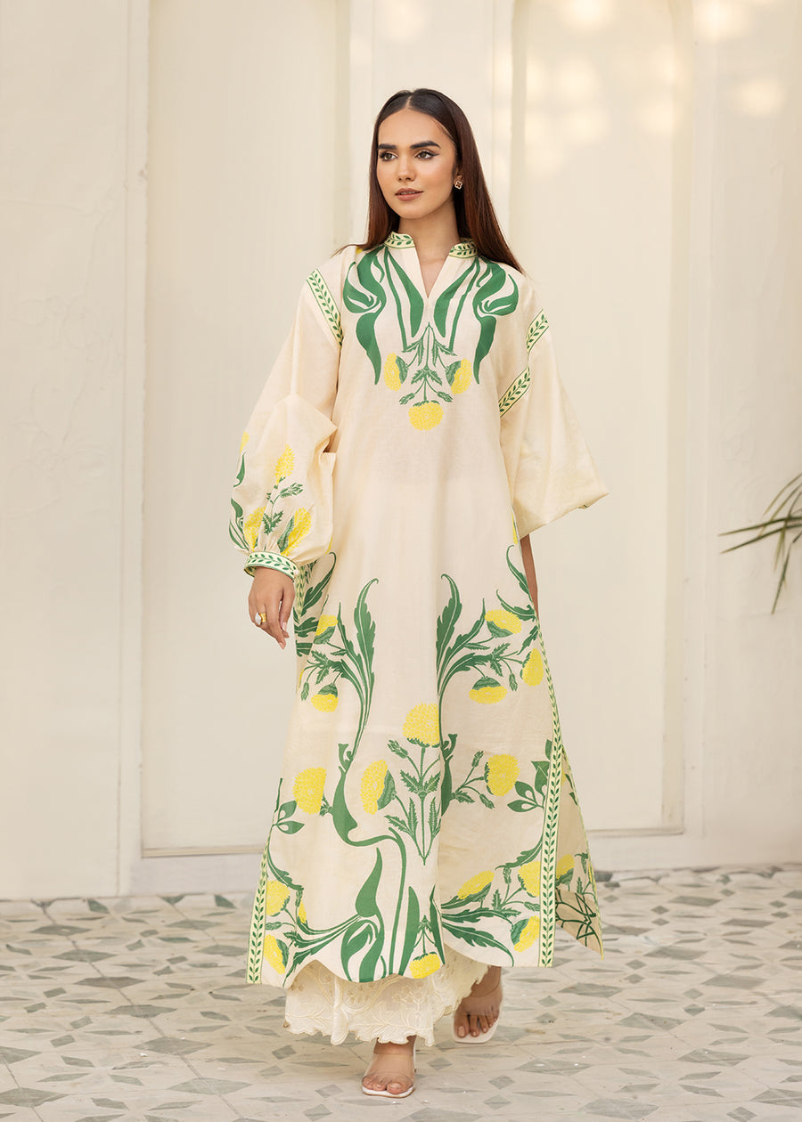 Lemon Bloom Slub Khaddar Kaftan