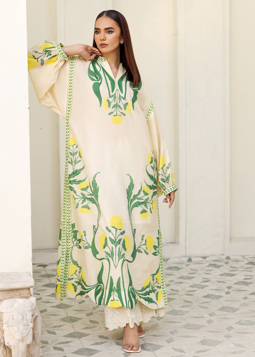 Lemon Bloom Slub Khaddar Kaftan