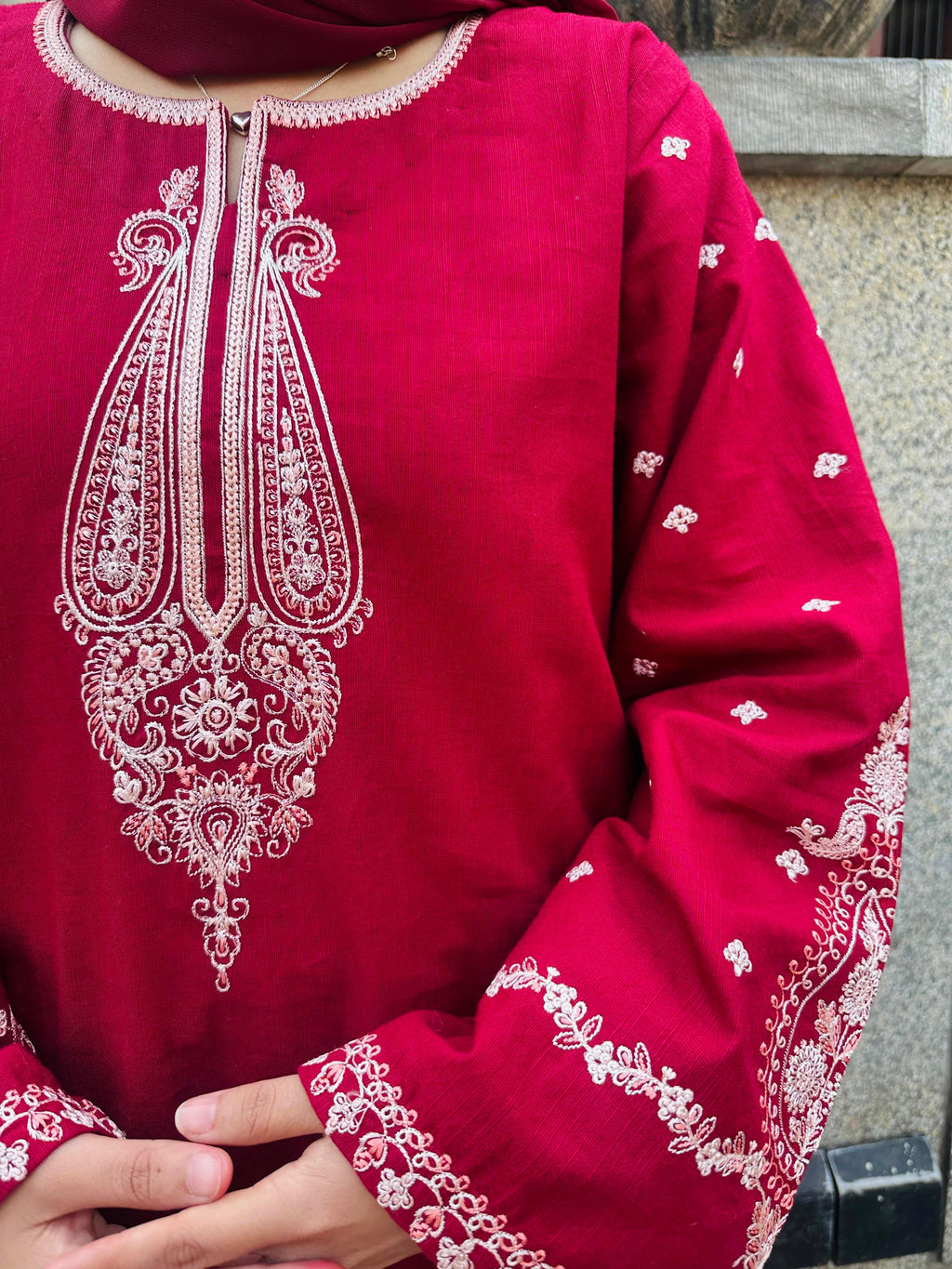 Amal's Maroon Embroidered CO-ORD Set (Khaddar)