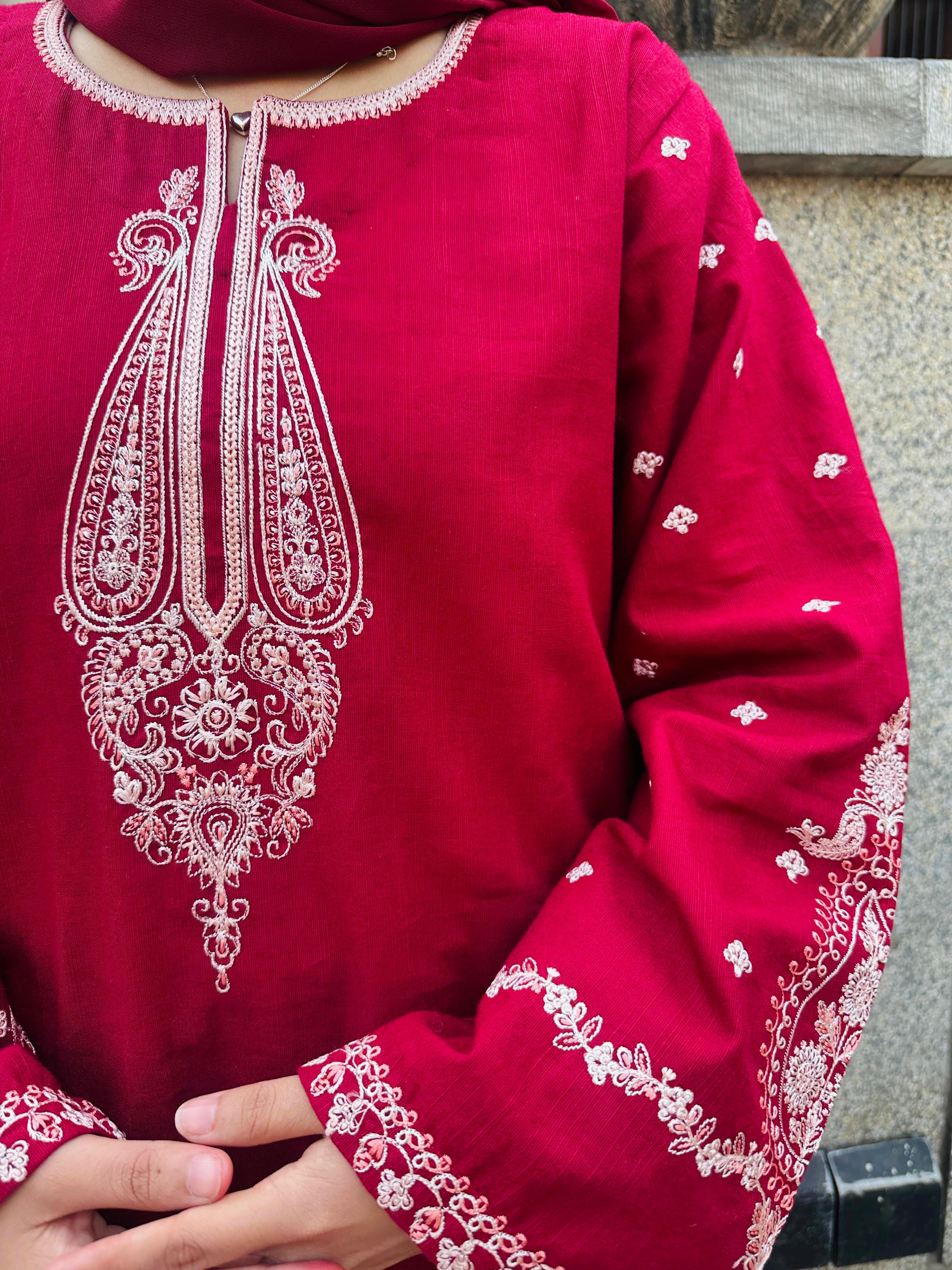 Amal's Maroon Embroidered CO-ORD Set (Khaddar)