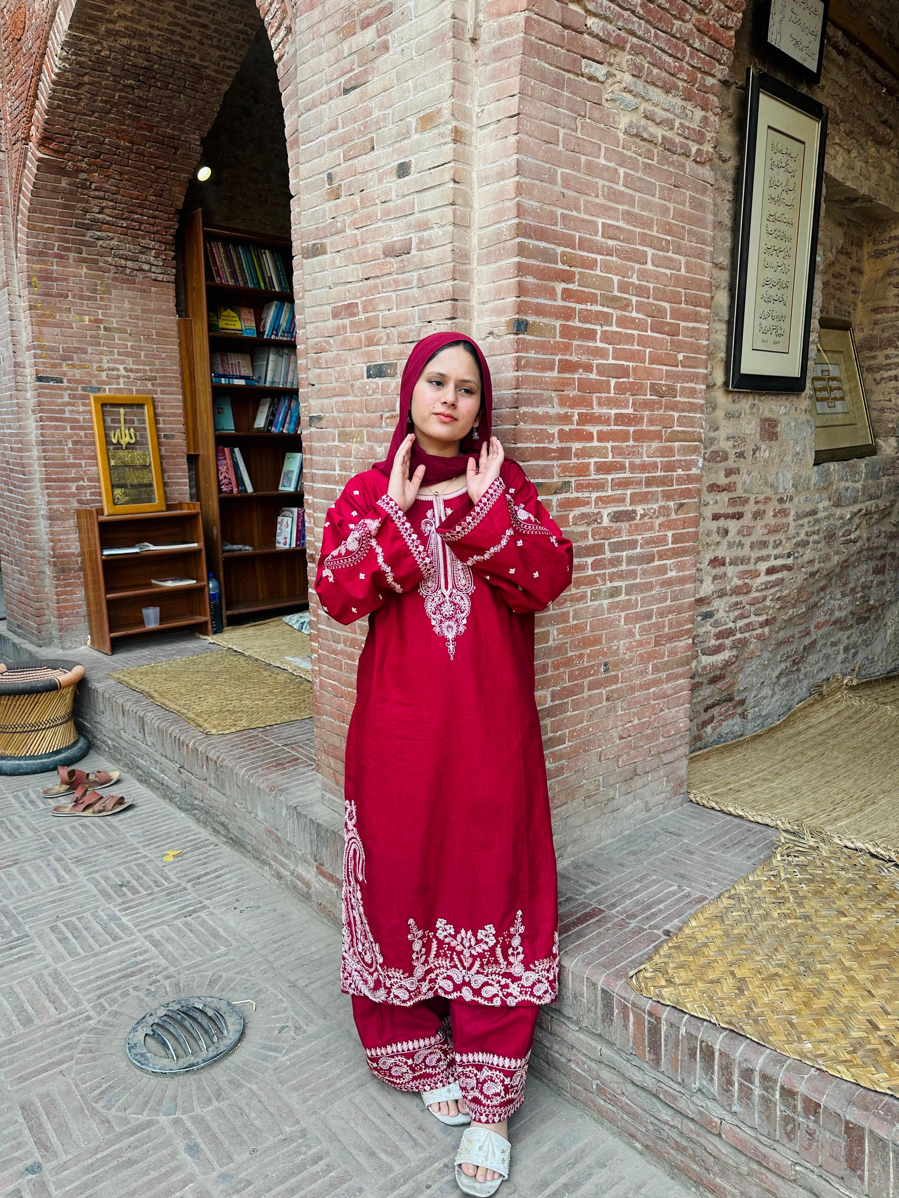 Amal's Maroon Embroidered CO-ORD Set (Khaddar)