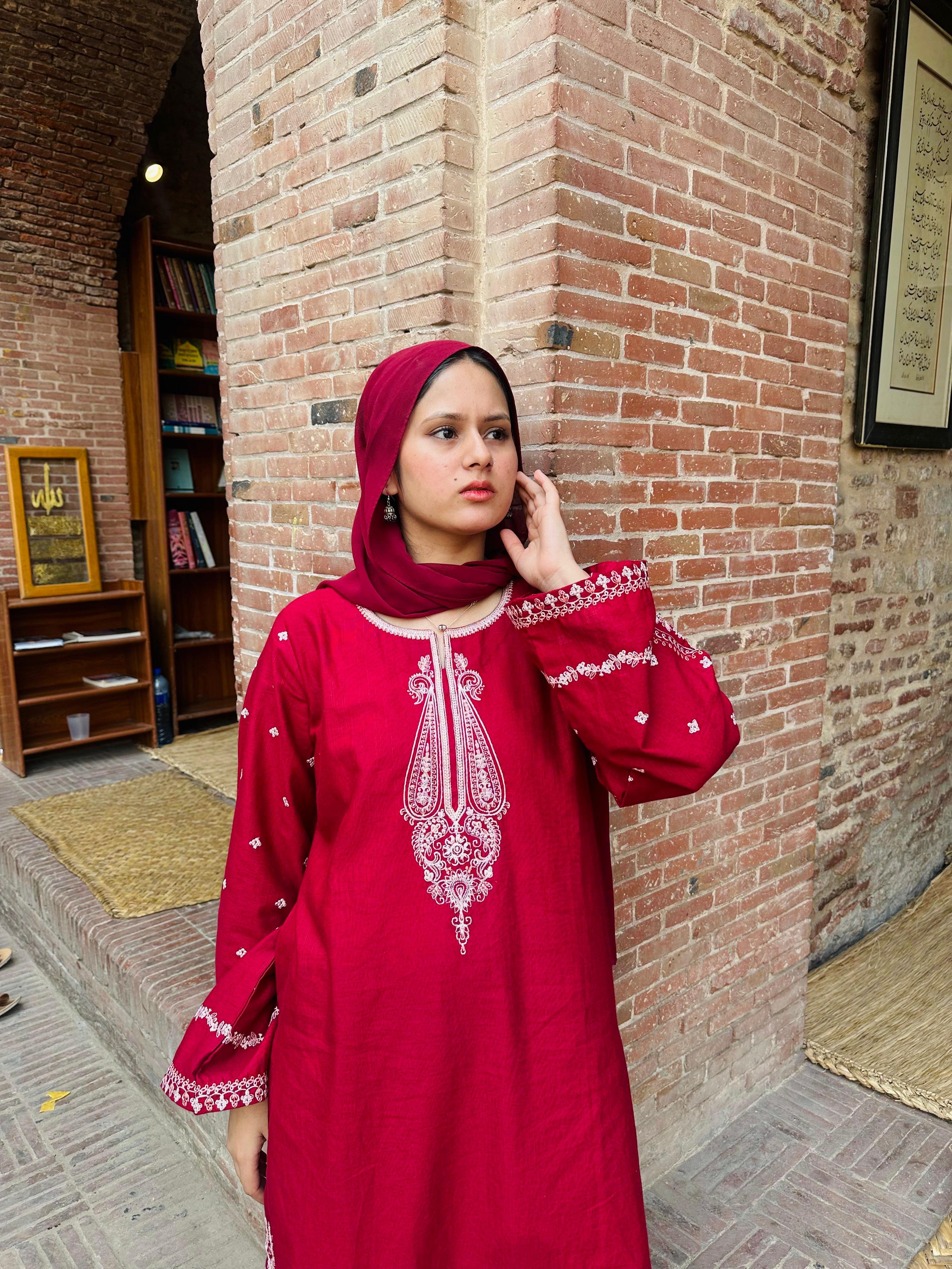 Amal's Maroon Embroidered CO-ORD Set (Khaddar)