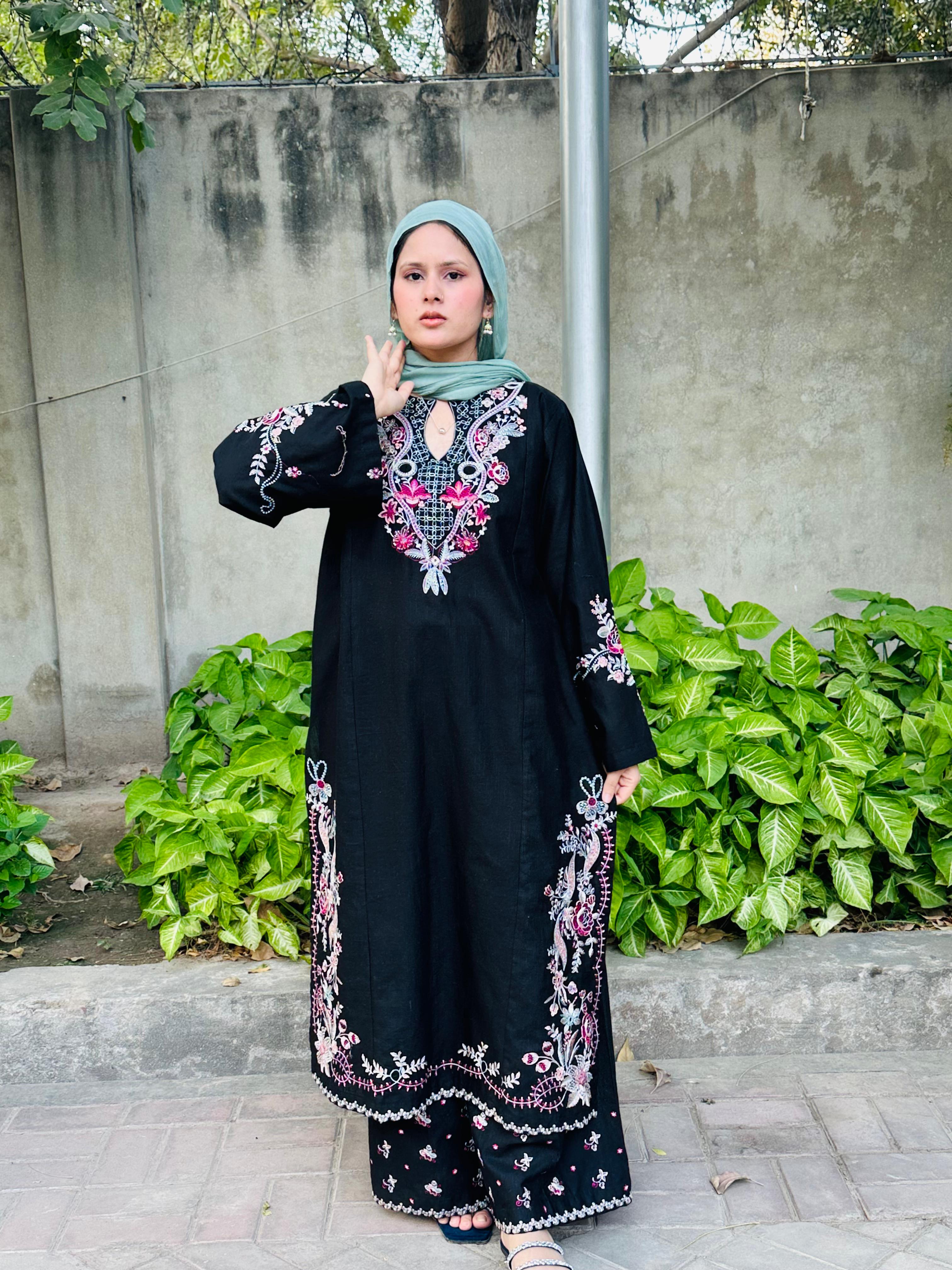 Amal's Black Embroidered Co-ord Set (Khaddar)