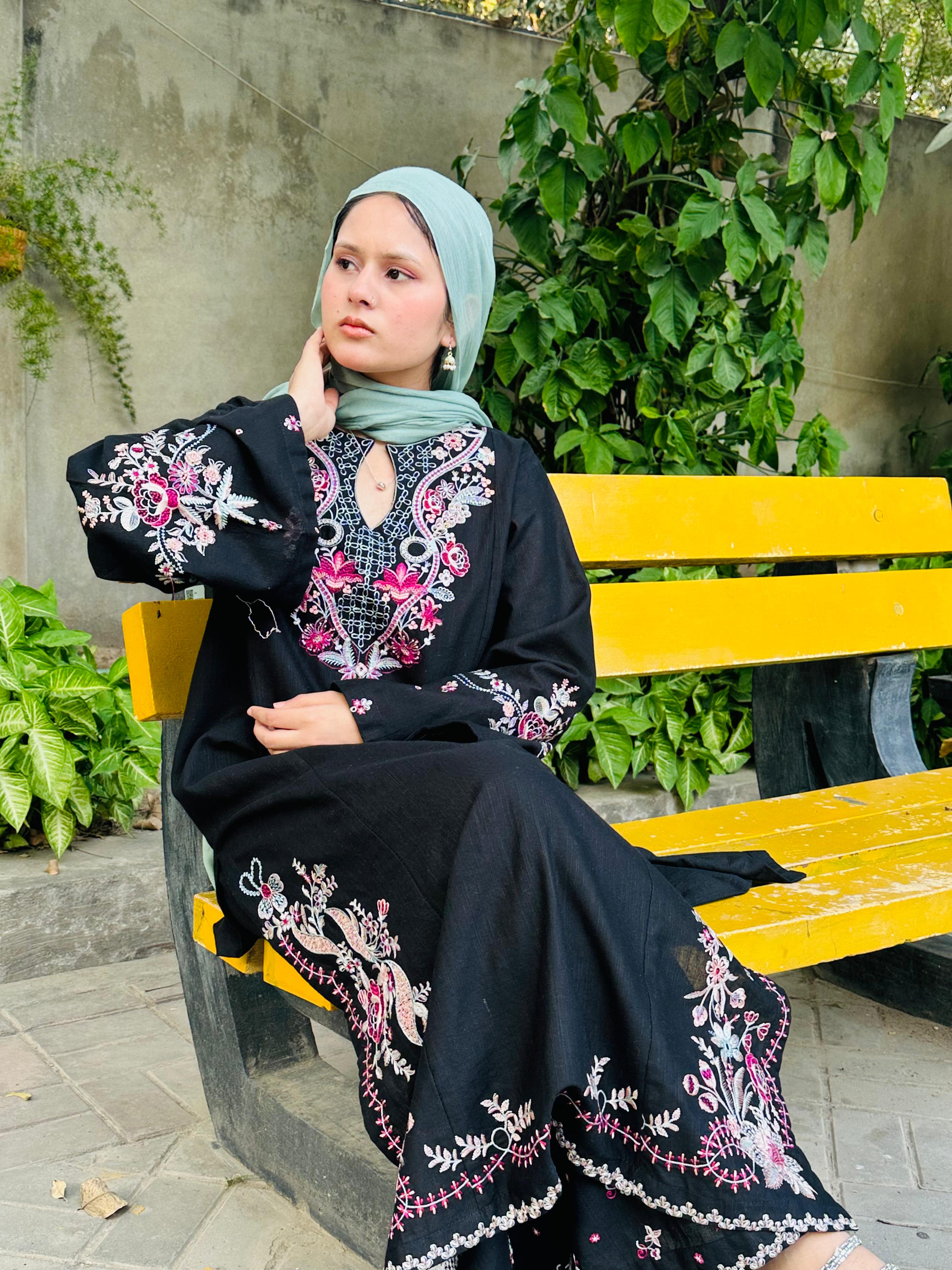 Amal's Black Embroidered Co-ord Set (Khaddar)