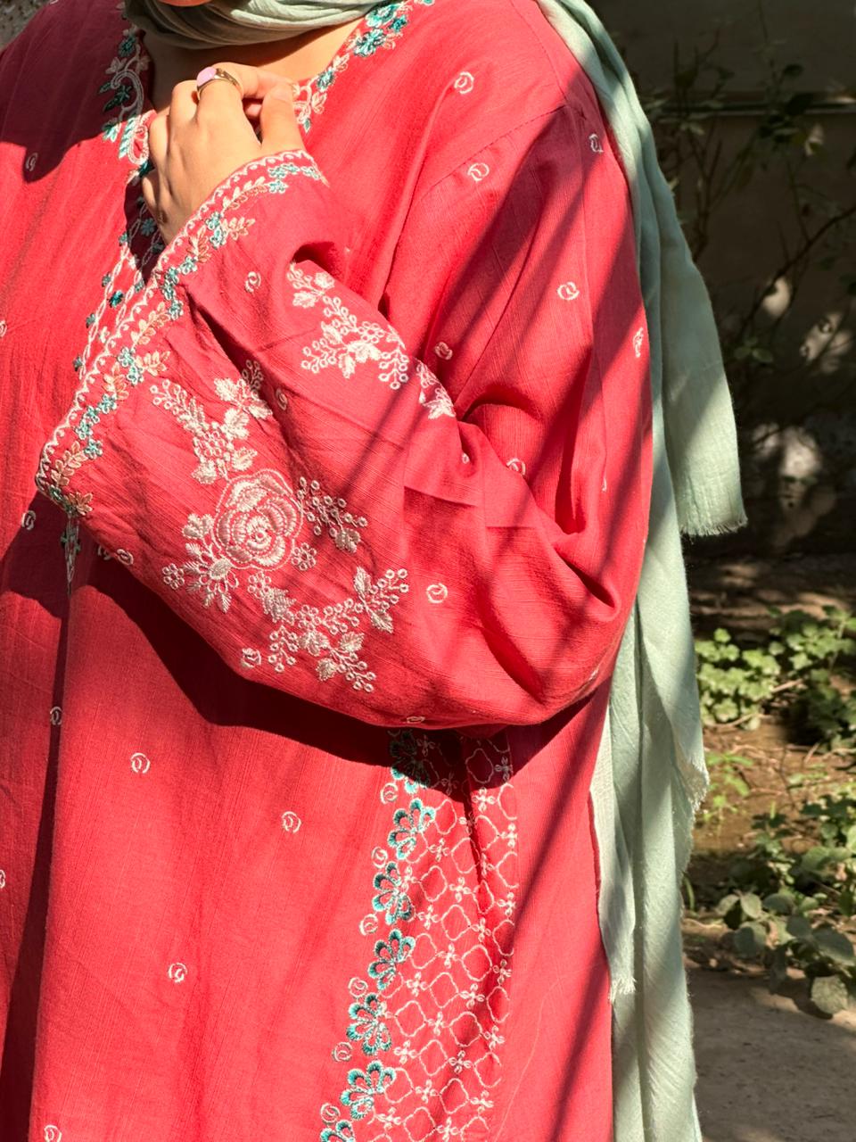 Amal's Pink Embroidered Co-ord Set (Khaddar)