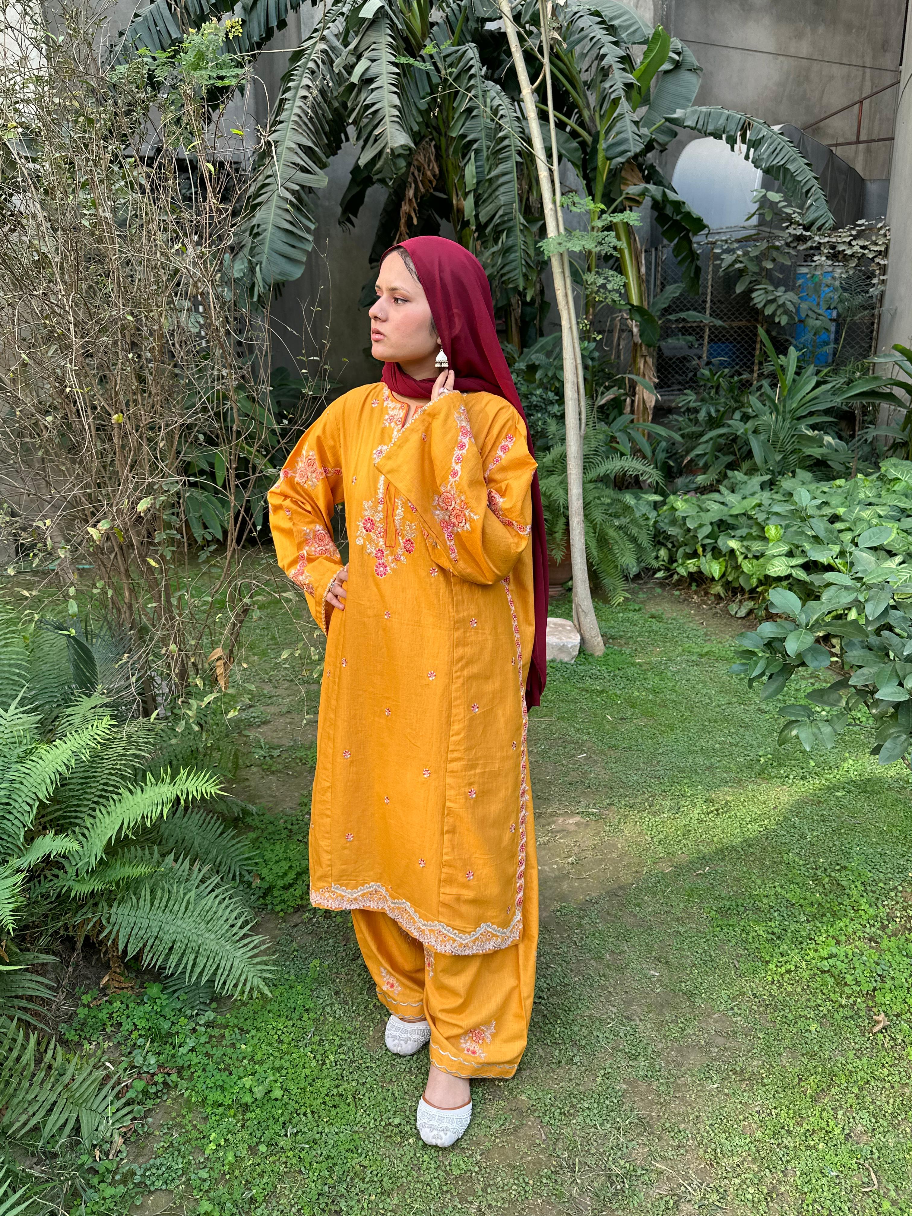 Amal's Orange Embroidered Co-ord Set (Khaddar)
