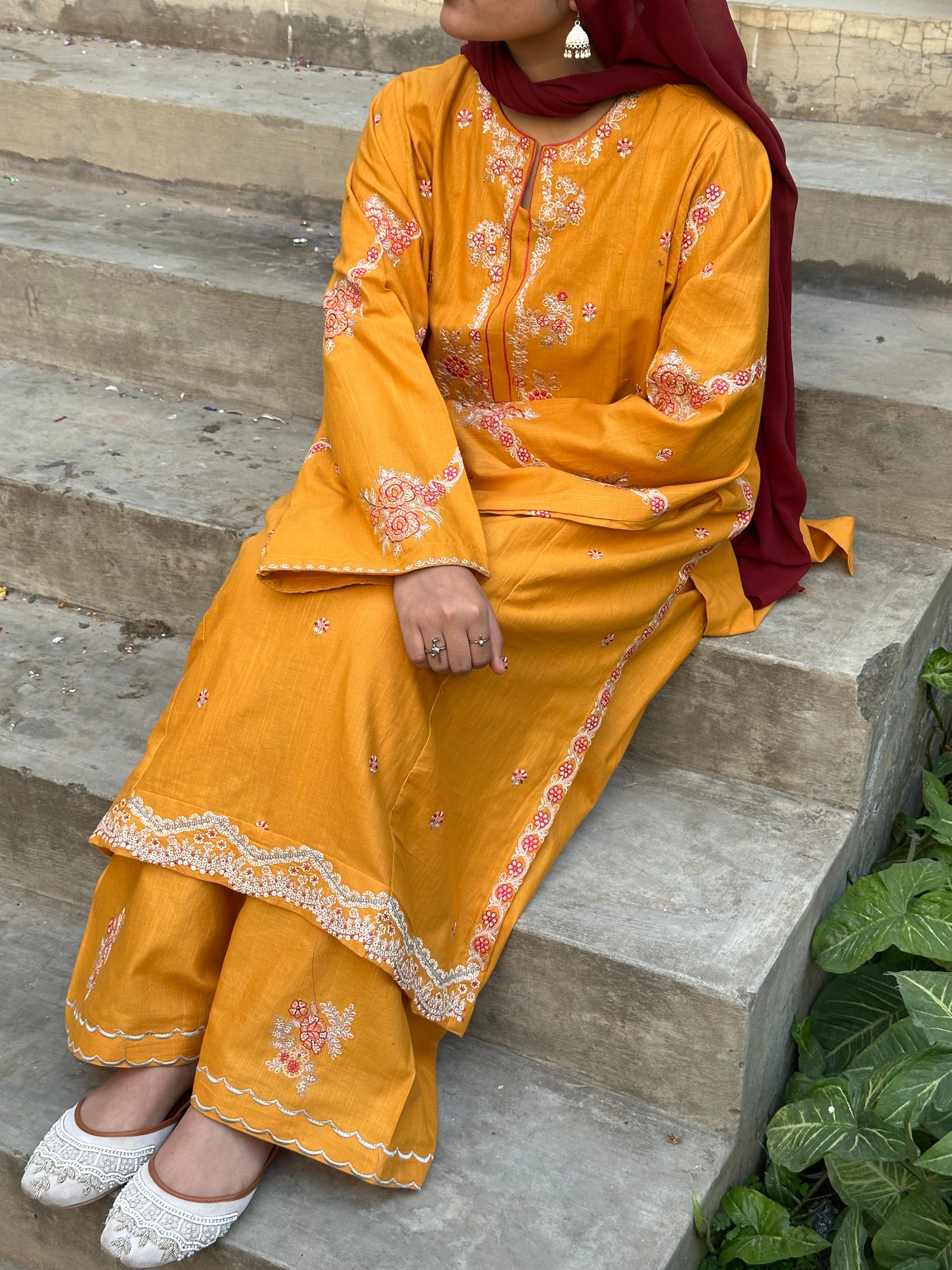 Amal's Orange Embroidered Co-ord Set (Khaddar)